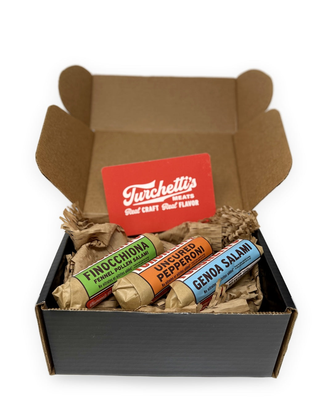Turchetti's Snack Pack corporate gift box with 3 whole salami and a gift note card