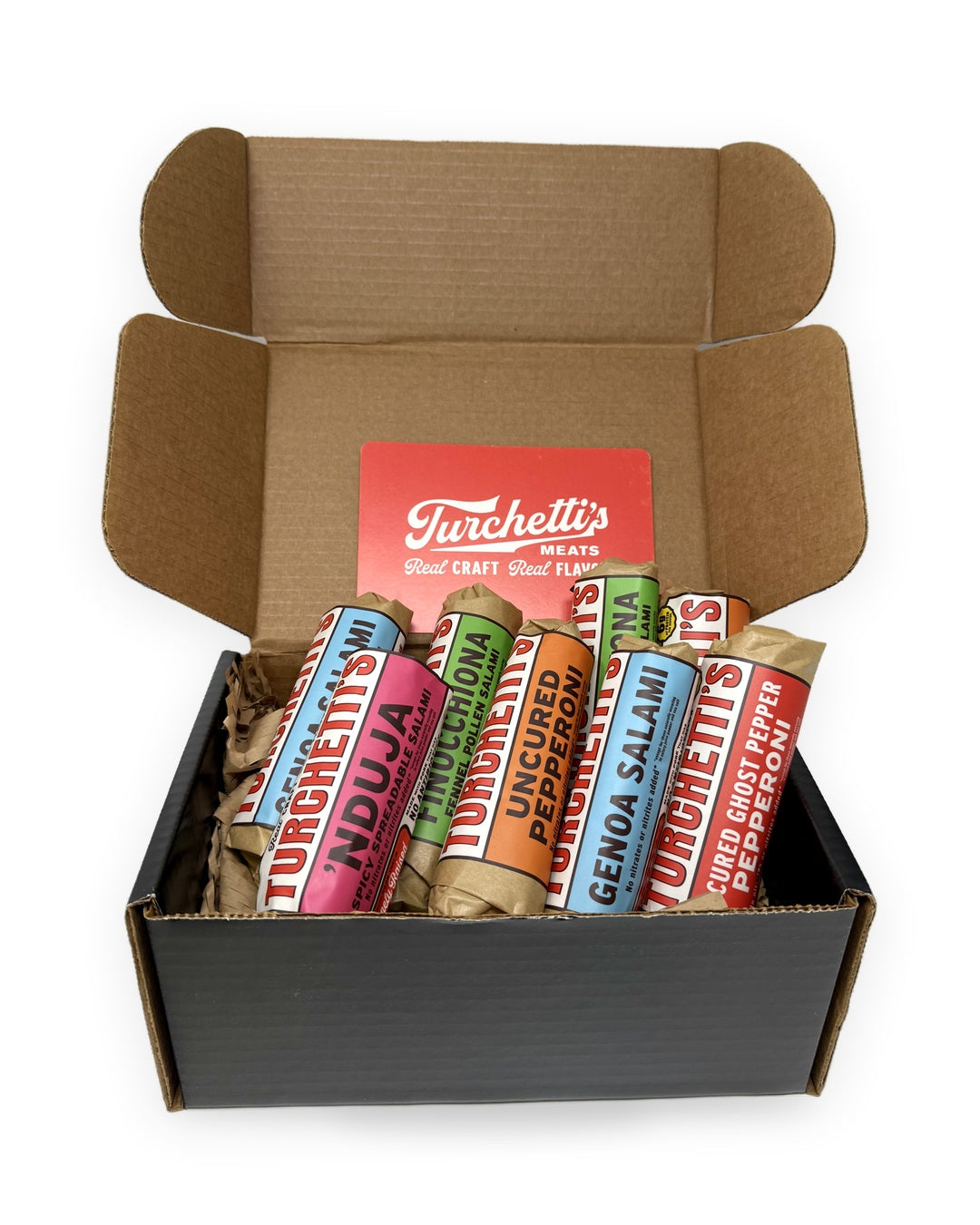 Turchetti's Full Spread corporate gift box with 8 whole salami, including 'Nduja, and a gift note card