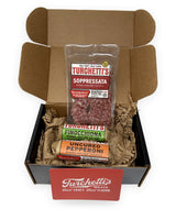Turchetti's Snack Pack corporate gift box with 2 whole salami, a Soppressata snack tray and a gift note card