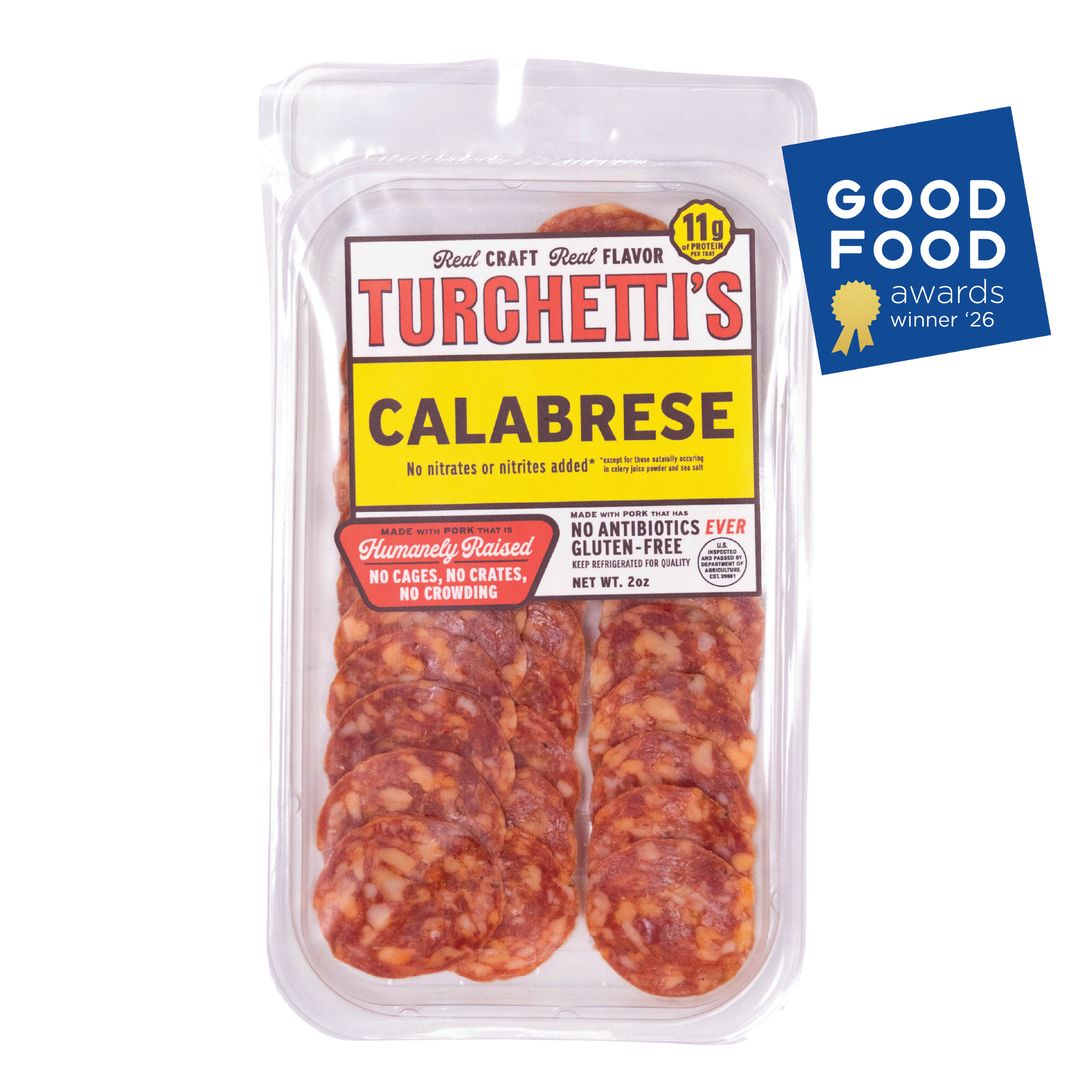 Award-winning Turchetti's Calabrese sliced salami in a clear plastic clamshell container, shown on a white background with a blue 2026 Good Food Awards badge in the top right corner.