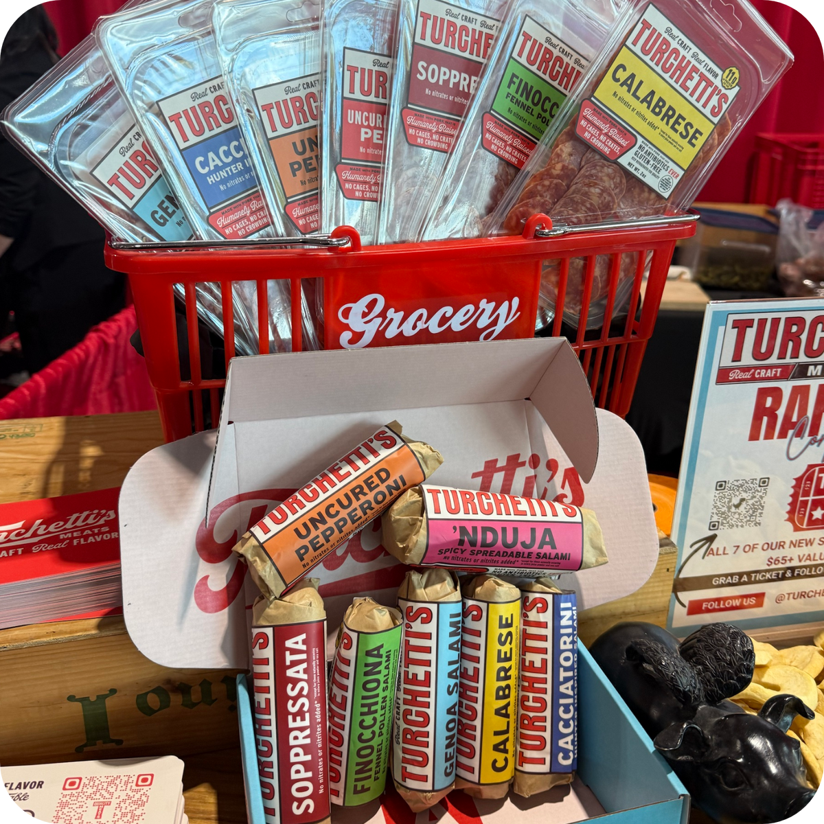 Turchetti's salami snack trays and whole salami in a gift box
