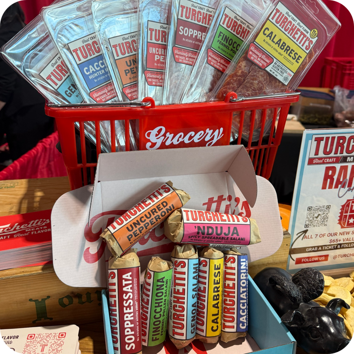 Turchetti's charcuterie gift box with whole salami and snack trays
