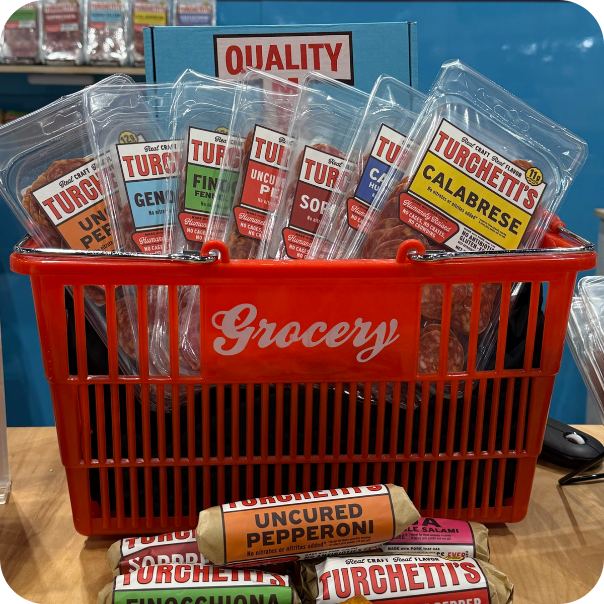 Turchetti's salami gift box with whole salami and a snack tray