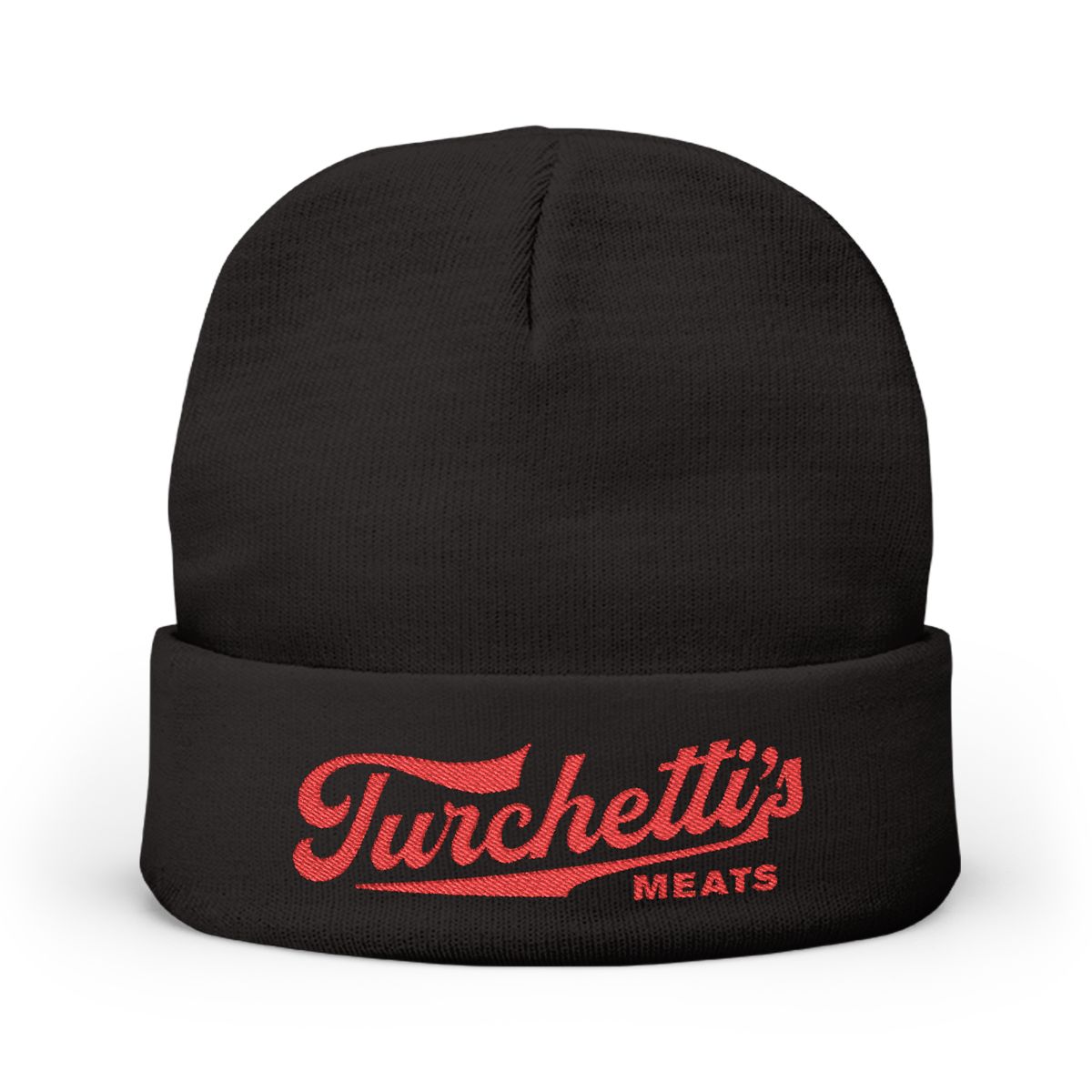 Black cuffed knit beanie with red Turchetti's script logo