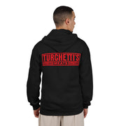 Man wearing the Turchetti's Quality Meats zip hoodie, back