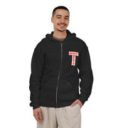 Man wearing the Turchetti's Quality Meats zip hoodie, front