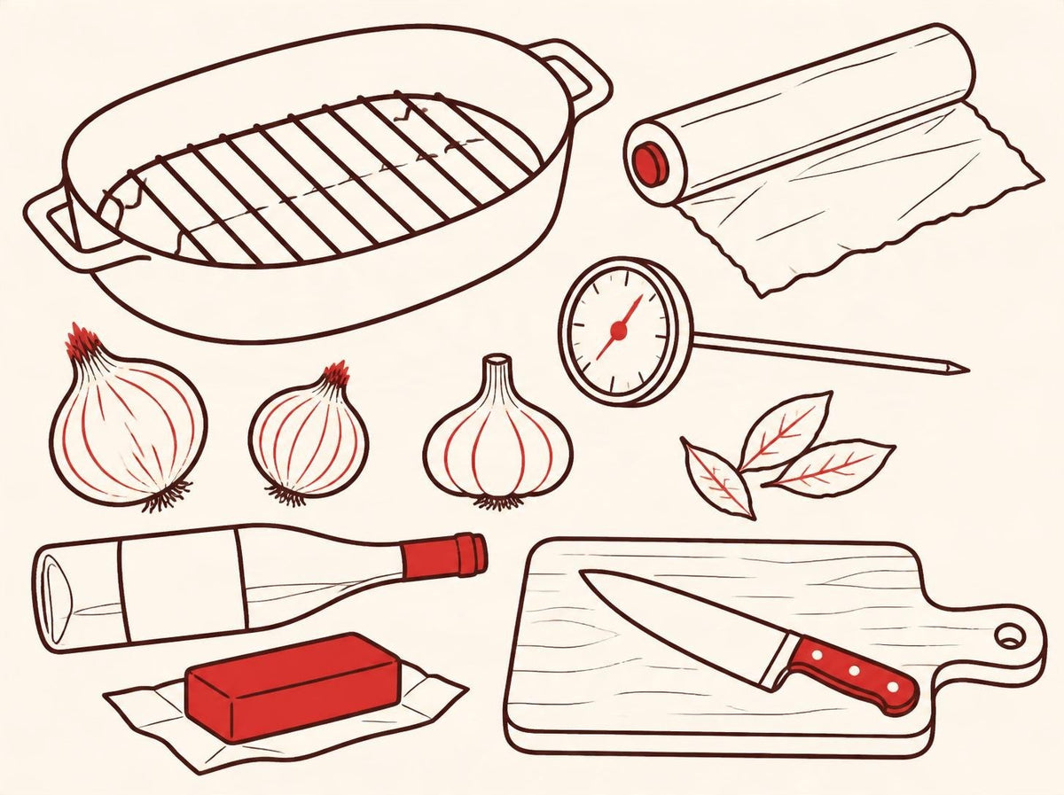 Illustration of turkey roasting gear: roasting pan with rack, foil, meat thermometer, onions, garlic, bay leaves, white wine, butter, cutting board and knife